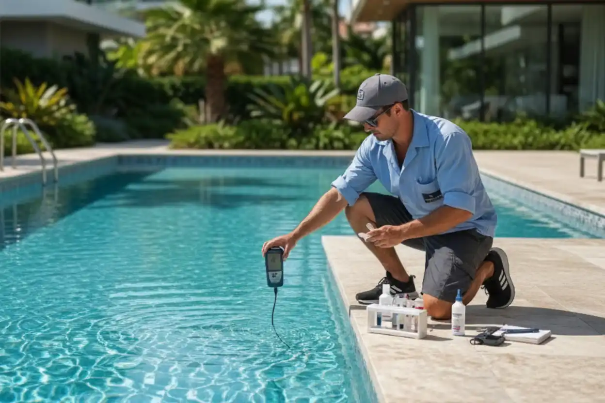 Personal de mantenimiento realizando una analítica del agua de la piscina.